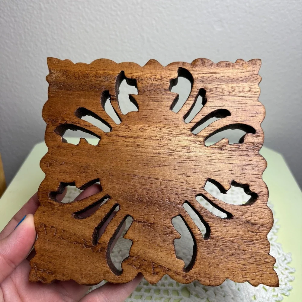 Wood Carved Flower Square Wooden Wall Plaque Boho Bali